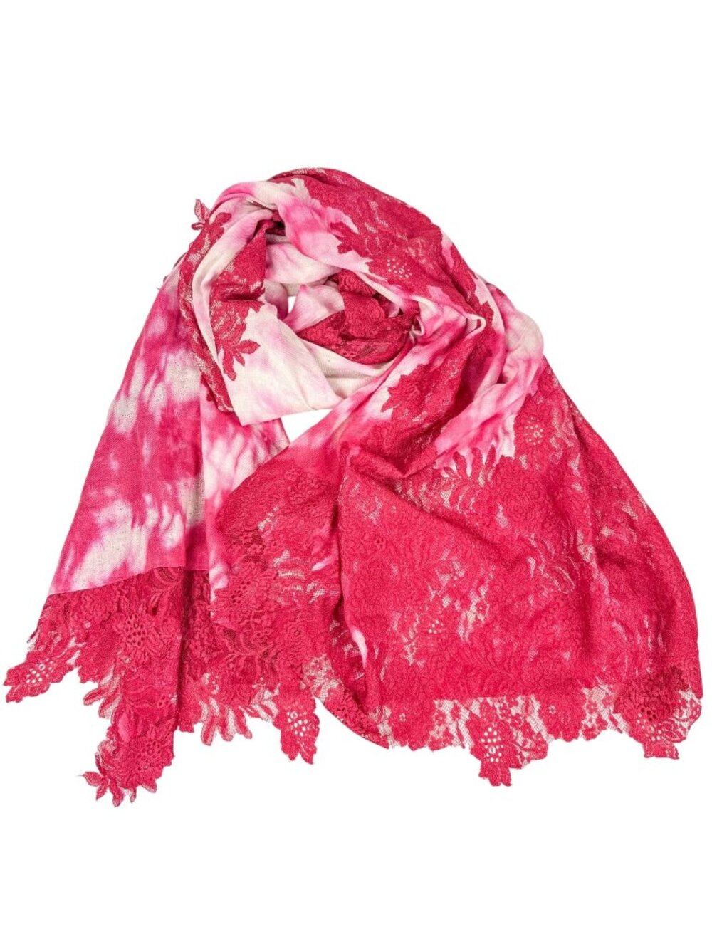 Carolina Amato Pink Red Fuschia Lace Applique Wool Silk Scarf Shawl Wool Silk